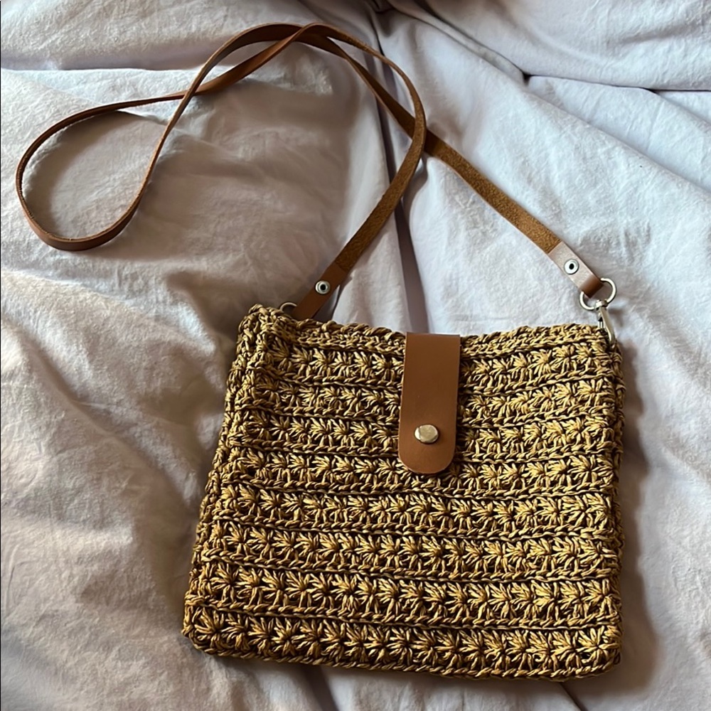 Tan and Brown Woven Crossbody Bag with Leather Accents